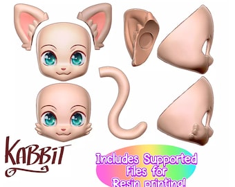 Könnte beinhalten: Eine digitale Illustration eines Katzenkopfes, Ohren, Schwanzes und Körperteilen zum Resin-Druck. Die Illustration ist im Cartoon-Stil mit großen Augen und einer rosa Nase. Der Text "KABBII" ist auf dem Bild sichtbar.