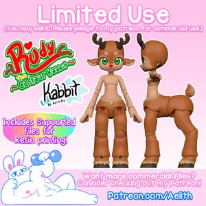Peut inclure: Modèle 3D numérique d'un personnage de centaure renne nommé "Rudy the Centaur Kabbit". Le modèle est présenté en deux vues différentes, l'une de face et l'autre de profil. Le modèle est brun et a les yeux verts. L'image comprend du texte qui dit "Utilisation limitée (Vous pouvez en vendre 10. Veuillez vous abonner à mon patreon pour une utilisation commerciale.)" et "Comprend des fichiers pris en charge pour l'impression en résine !"