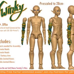 Digitale .STLs - &quot;Twinky&quot; Elfe mit freien Fantasy Arm 28 cm - 3D Gedruckte Kugelgelenkpuppe Dateien