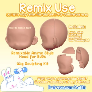 May include: A digital art asset showing a remixable anime-style head for BJD dolls, with face plate, forehead, headback, and wig-making kit. The image includes the text "Remix Use" and "Remixable Anime Style Head for BUDS + Wig Sculpting Kit."