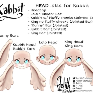 DIGITAL .STL - Head and Ears Only Kabbit - 26-28cm - 3D Printed Ball Jointed Doll Base - Make your Own BJD Base