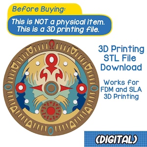 May include: A digital download of a 3D printable STL file for a circular design with a red, blue, and yellow color scheme. The design features a stylized sun and a geometric pattern. The text "3D Printing STL File Download" and "Works for FDM and SLA 3D Printing" is included in the image. The text "(DIGITAL)" is also included in the image.