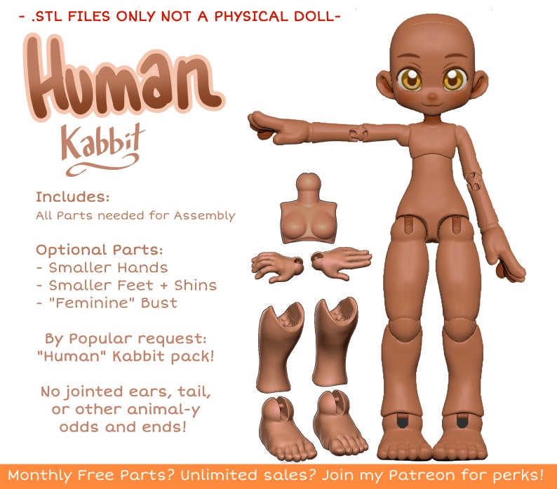 DIGITAL .STL Human Kabbit 26-28cm 3D Printed Ball Jointed Doll Base PLA filament / Resin Compatible files image 3