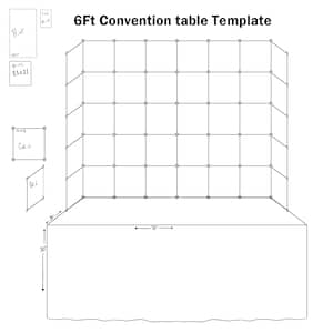 Puede incluir: Un dibujo en blanco y negro de una plantilla de mesa de convención de 6 pies. La mesa tiene 183 cm de ancho y 76 cm de profundidad. La plantilla incluye una cuadrícula con cuadrados de 2,5 cm.