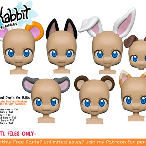 DIGITAL .Stl - Animal Ears and Tails for Kabbit and other BJDs! - 26-28cm - 3D Printed Ball Jointed Doll Part