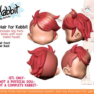 Puede incluir: Cuatro modelos de cabello rojo impresos en 3D para una cabeza de muñeca. El cabello está peinado de diferentes maneras, incluyendo una vista frontal, una vista posterior y vistas laterales. El texto en la imagen dice "Kabbit by: Aelith Art V Hair For Kabbit Includes Wig Parts Works with most kabbit heads! Hair Front Hair Back -STL ONLY- -NOT A PHYSICAL DOLL- -NOT A COMPLETE KABBIT- Monthly Free Parts? Unlimited sales? Join my Patreon for perks!"