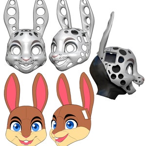 May include: Two different styles of bunny fursuit heads. One is a white and gray fursuit head with black spots. The other is a brown fursuit head with a white muzzle and blue eyes. Both heads have large ears and a smiling expression.