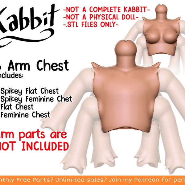 DIGITAL .STL - Additional 6 Arm Chest for Kabbit - 26-28cm - 3D Printed Ball Jointed Doll Base - Make your Own BJD Base