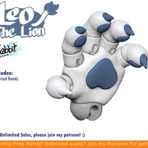 Puede incluir: Un modelo impreso en 3D de una pata de león blanca con almohadillas y garras azules. El modelo se titula "Leo the Lion" y es de "Kabbit". El texto "Includes: - Jointed Hands" también es visible.