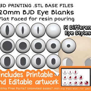 9-25-23 Update  DIGITAL .STL - Artwork + 14 Pack of 20mm Ovular, Round, Snake, and Dome Eye Bases for BJD Eye Making - Commercial Use Is ok!