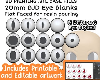 9-25-23 Update  DIGITAL .STL - Artwork + 14 Pack of 20mm Ovular, Round, Snake, and Dome Eye Bases for BJD Eye Making - Commercial Use Is ok!