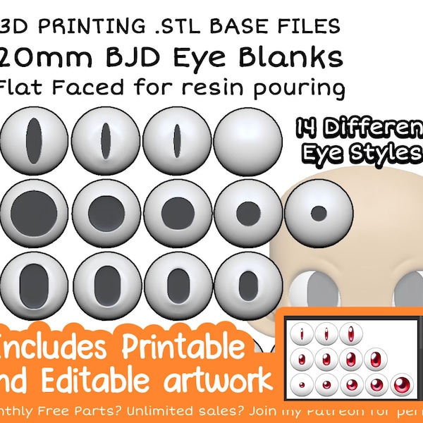 25-9-23 Mise à jour NUMÉRIQUE. STL - oeuvre d'art + lot de 14 bases pour les yeux ovales, rondes, serpent et dôme de 20 mm pour la fabrication d'yeux BJD - Une utilisation commerciale est ok !