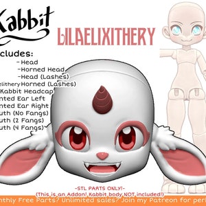 DIGITAL .STL - Additional Lilaelixithery Head with removable teeth and jointed ears for Kabbit - 26-28cm - 3D Printed Ball Jointed Doll Head