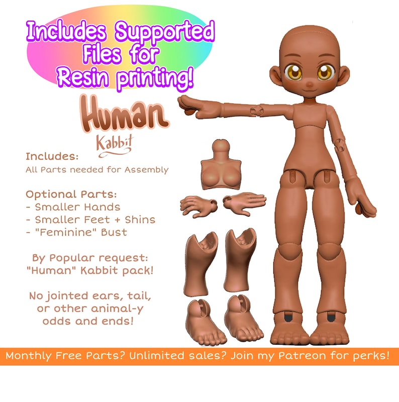 DIGITAL .STL Human Kabbit 26-28cm 3D Printed Ball Jointed Doll Base PLA filament / Resin Compatible files image 1