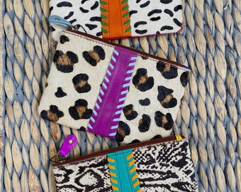 Real Leather Animal Print Coin Purse Stitched Pouch