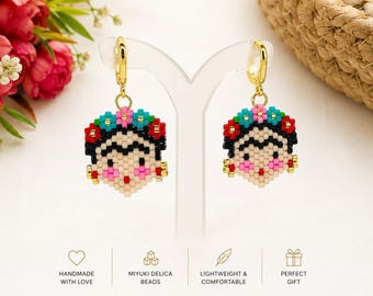 Frida-Kahlo-Ohrhänger, handgefertigte Miyuki-Delica-Perlenohrringe, farbenfroher mexikanischer Kunstschmuck, personalisierter Blumenkranz, Geschenk für Sie