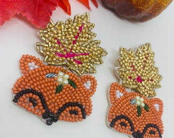 Autumn Fox  Leaf Seed Beaded Dangle Earrings |Fall earrings|Aretes de moda|woman jewelry