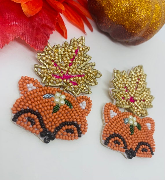 Autumn Fox Earrings, Fall Leaf Seed Bead Earrings, Cute Fox Dangle Earrings, Handmade Woodland Jewelry, Fall Gift for Her