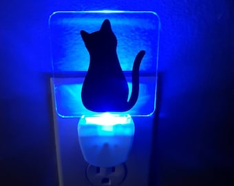 Cat / Kitty Silhouette Blue LED Night Light - Gift for Cat Lovers / Cat Gift