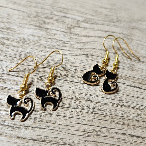 Black Cat Dangle Drop Hook Earrings | Jewelry Gift for Cat Lover