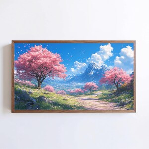 May include: A framed painting of a mountain landscape with pink cherry blossom trees in the foreground. The sky is blue with white clouds and the mountain is snow-capped.