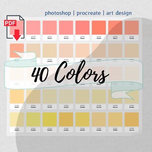 May include: A digital colour palette chart with 40 different shades of peach, pink, and yellow. The chart is labelled "40 Colors" and includes the hex codes for each colour.