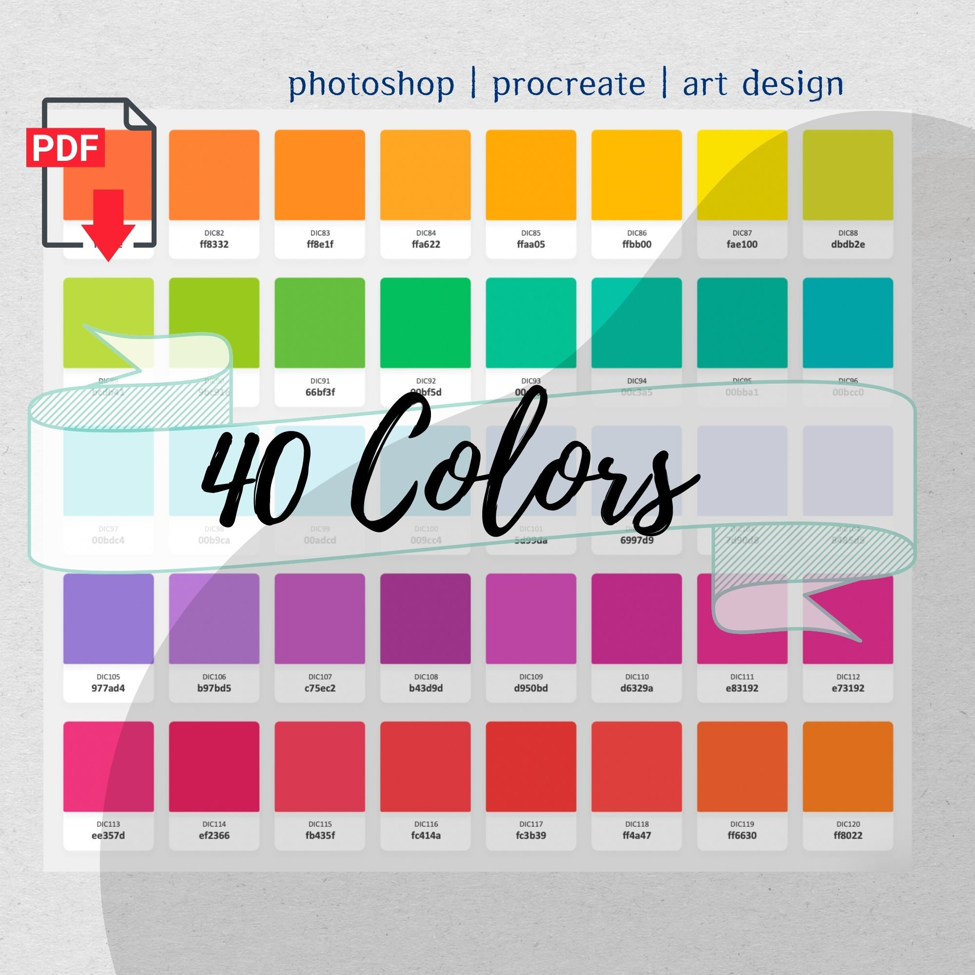40 Nuanciers de couleurs en PDF avec codes HEX pour Procreate, Photoshop et Goodnotes — Téléchargement instantané