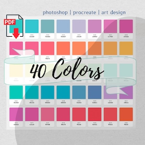 May include: A digital color palette with 40 different colors arranged in a grid. The colors are a mix of blues, greens, pinks, oranges, and yellows. The text "40 Colors" is written in a large, stylized font in the center of the image.