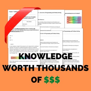 Könnte beinhalten: Eine Collage aus Text und Bildern mit den Worten "Knowledge Worth Thousands of $$$" in fetter, schwarzer Schrift auf einem leuchtend orangenen Hintergrund. Der Text ist umgeben von Bildern von Informatik-Lehrbüchern mit den sichtbaren Wörtern "Chapter 7 Addition", "1-Overview of Programming and Problem Solving" und "of Programming and Problem Solving".