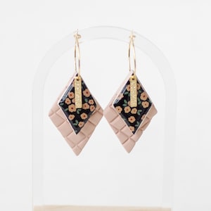 Double Diamond Hoop Earrings Clay Earrings Handmade Floral Print Pink and Black Earrings GOLD or SILVER Quilted Pattern image 1