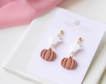 Cute Ghost and Pumpkin Clay Earrings | Cute Ghost Earrings | Halloween Earrings | Halloween Gift | Ghost Jewelry | Pumpkin Earrings | Gold