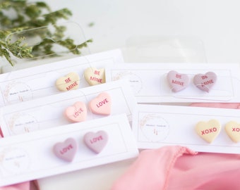 Clay Conversation Heart Stud Earrings | Valentine Stud Earrings | Clay Heart Earrings | Conversation Hearts | Clay Stud Earrings | Valentine