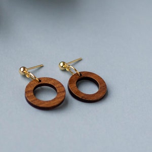 Small Wood Circle Earrings 24K Gold Plated Stainless Steel Hypoallergenic Wood Earrings Sensitive Earrings image 1