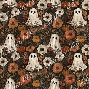 Puede incluir: Patrón repetitivo con ilustraciones de fantasmas amigables, calabazas y varias flores en tonos naranja, blanco y marrón. El diseño está sobre un fondo oscuro, creando un tema otoñal o de Halloween.