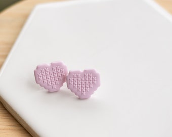 Pink Clay "Cross-Stitch" Heart Earrings | Heart Stud Earrings | Clay Studs | Oversized Studs | Polymer Clay Earrings | Handmade | Valentines