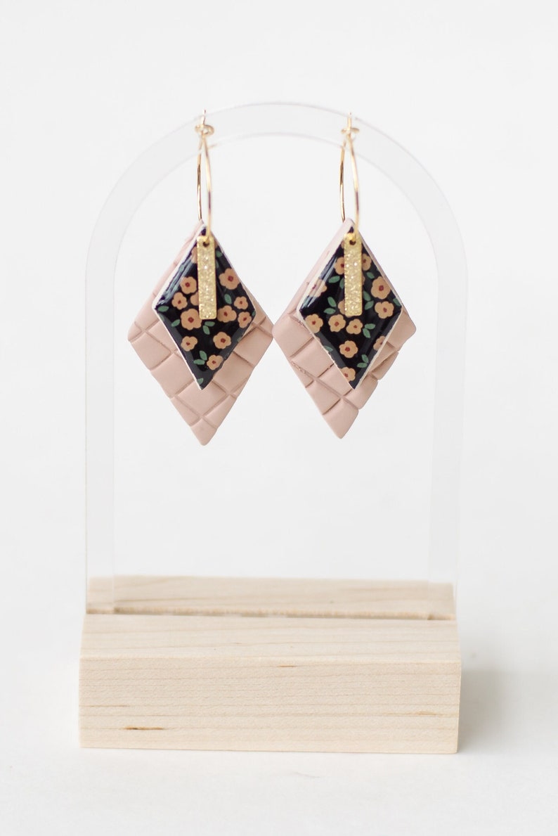 Double Diamond Hoop Earrings Clay Earrings Handmade Floral Print Pink and Black Earrings GOLD or SILVER Quilted Pattern image 1