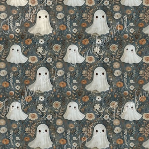 May include: A seamless pattern featuring white ghosts with friendly faces on a blue background with a variety of flowers and leaves in shades of brown, orange, and white.