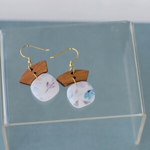 Handmade Clay and Wood Earrings Real Gold Plated Hypoallergenic Watercolor Floral Clay Earrings Translucent Earrings Lightweight image 1