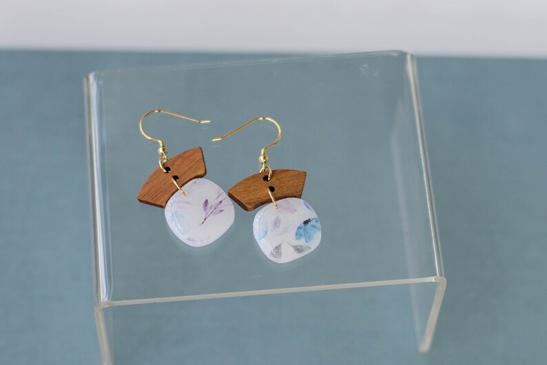 Handmade Clay and Wood Earrings Real Gold Plated Hypoallergenic Watercolor Floral Clay Earrings Translucent Earrings Lightweight image 1