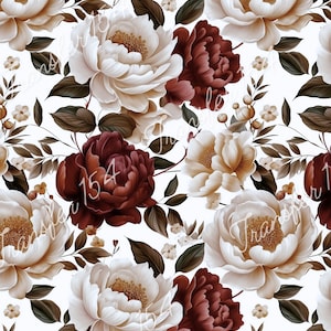 Könnte beinhalten: Nahtloses Blumenmuster mit großen Pfingstrosen in Creme-, Burgunder- und Goldtönen auf weißem Hintergrund. Dunkelgrüne Blätter und kleine weiße Blüten akzentuieren das Design und schaffen einen klassischen, eleganten Look.