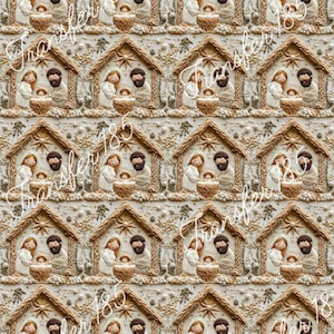 May include: A seamless pattern featuring a repeating image of a nativity scene. The scene is set in a brown wooden stable with a straw roof. The figures are made of white ceramic and include Mary, Joseph, and baby Jesus in a manger. The background is a cream color with gold and brown accents.
