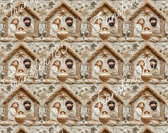 May include: A seamless pattern featuring a repeating image of a nativity scene. The scene is set in a brown wooden stable with a straw roof. The figures are made of white ceramic and include Mary, Joseph, and baby Jesus in a manger. The background is a cream color with gold and brown accents.