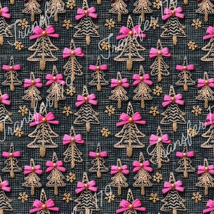 May include: A seamless pattern featuring a repeating design of gold and black embroidered Christmas trees with pink bows on a dark blue background. The trees are decorated with gold beads and the background is a textured fabric.