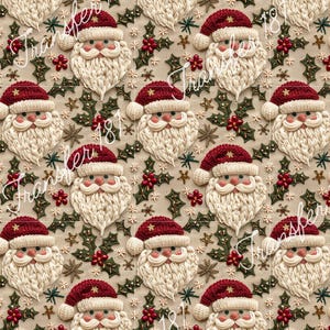 May include: A seamless pattern featuring a repeating design of Santa Claus faces with white beards and red hats. The background is a cream color with green holly leaves, red berries, and gold stars.