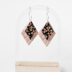 Double Diamond Hoop Earrings Clay Earrings Handmade Floral Print Pink and Black Earrings GOLD or SILVER Quilted Pattern image 3