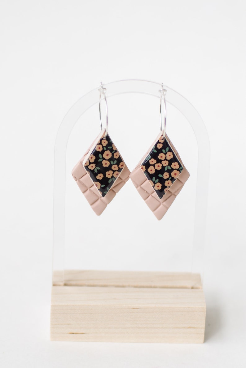 Double Diamond Hoop Earrings Clay Earrings Handmade Floral Print Pink and Black Earrings GOLD or SILVER Quilted Pattern image 3