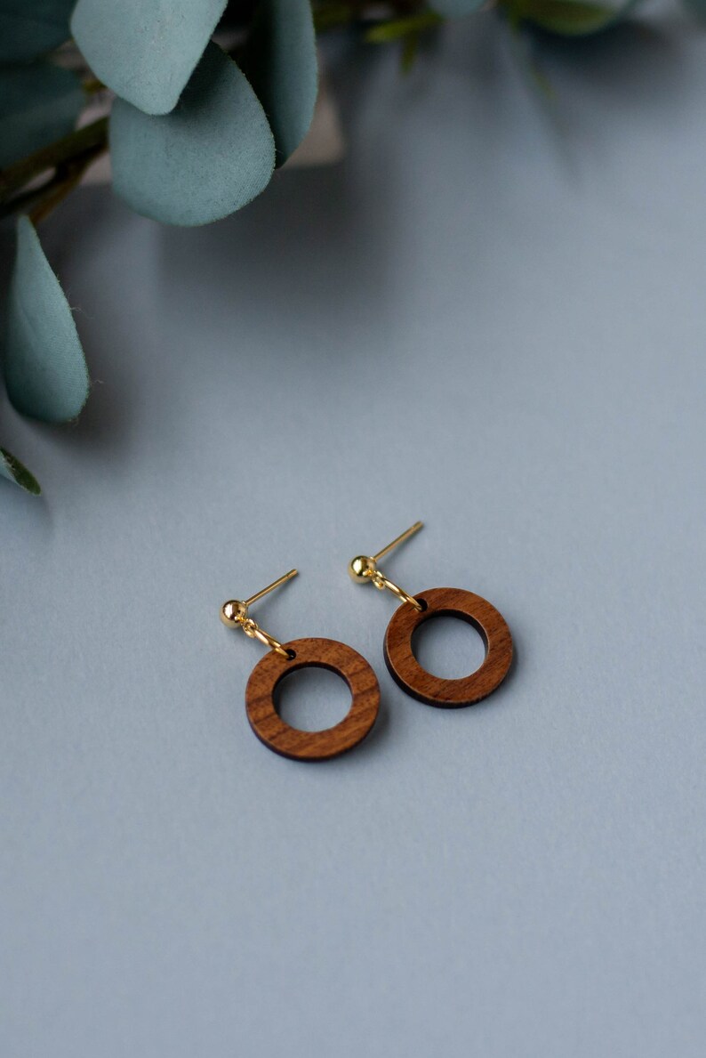 Small Wood Circle Earrings 24K Gold Plated Stainless Steel Hypoallergenic Wood Earrings Sensitive Earrings image 2