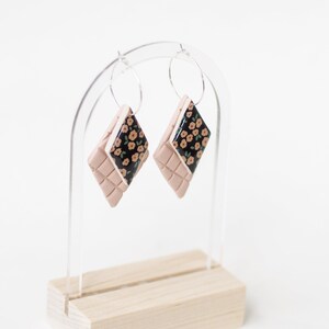 Double Diamond Hoop Earrings Clay Earrings Handmade Floral Print Pink and Black Earrings GOLD or SILVER Quilted Pattern image 4