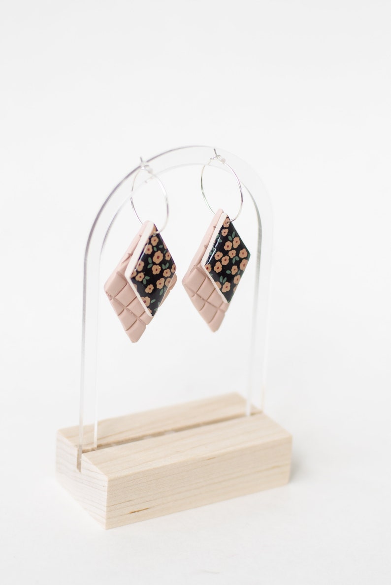 Double Diamond Hoop Earrings Clay Earrings Handmade Floral Print Pink and Black Earrings GOLD or SILVER Quilted Pattern image 4