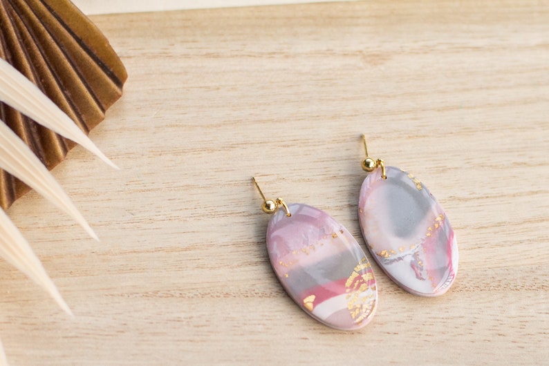 Marbled Clay Earrings Oval Earrings Gold Leaf Polymer Clay Earrings Gold Plated Pink Earrings Lavender Earrings Grey image 3